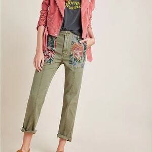 Anthropologie Floral Tapestry Pocket Pants Women Size 30 Olive Green Boho Artsy